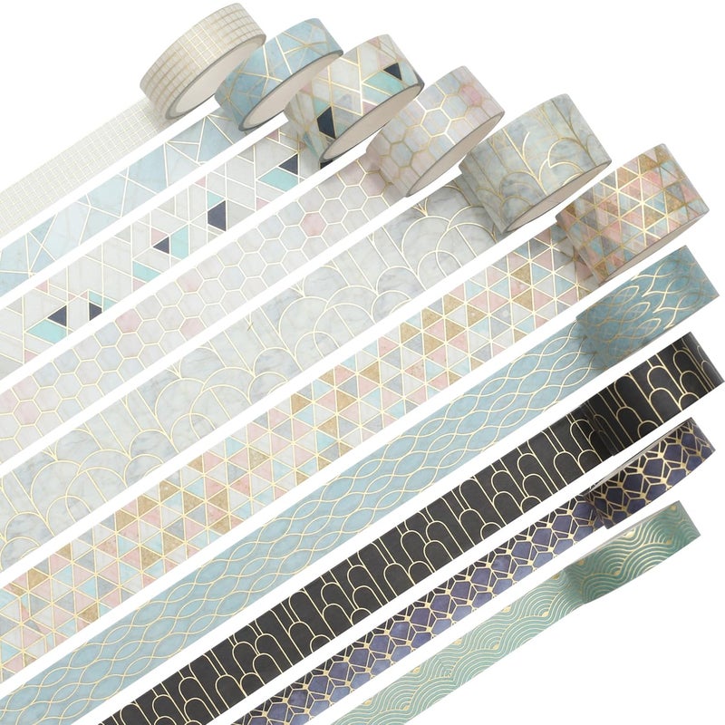 YUBX Creative Washi Tape Set 10 Rolls Gold Foil Print Decorative Masking Tapes for Arts, DIY Crafts, Journals, Planners, Scrapbook, Wrapping (Geometric Order) - Image 2